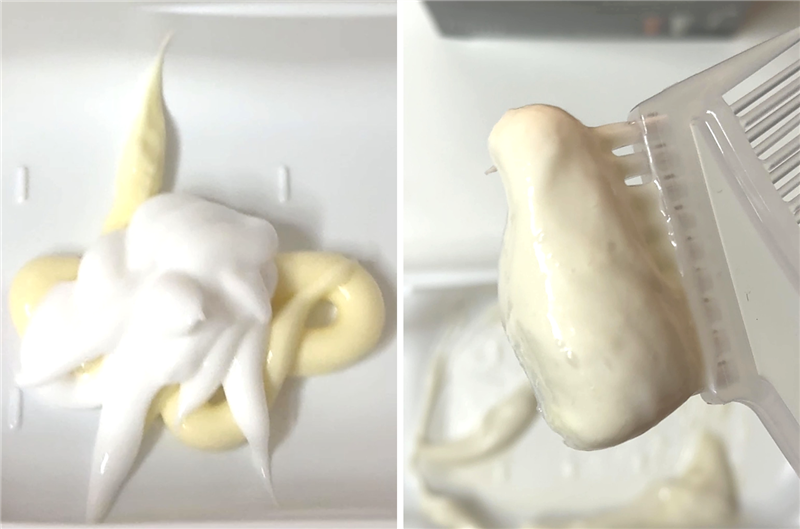 ビゲンリピカラー 1剤2剤の混合前と混合後のクリームの質感