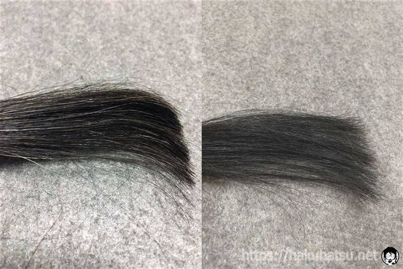 メンズビゲン ワンタッチカラー 7ナチュラルブラックと黒髪との色比較