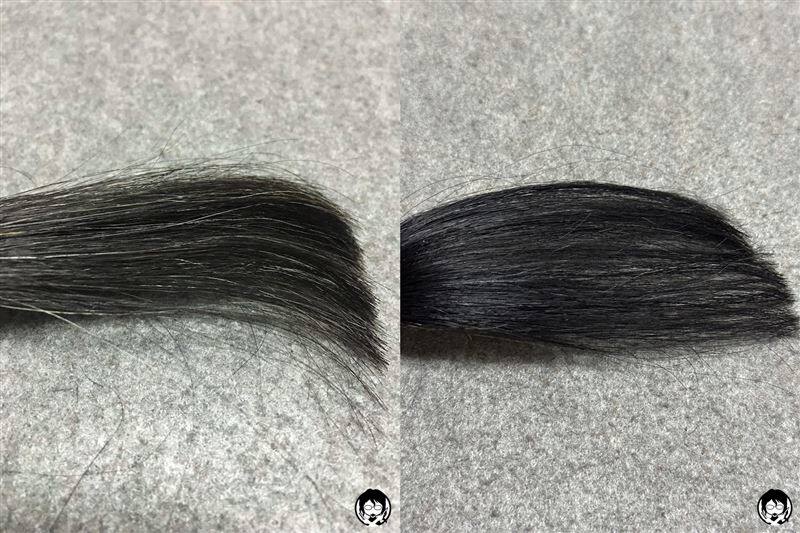 ビゲンオイルパックカラー  4AB やや明るいアッシュブラウンと黒髪の比較