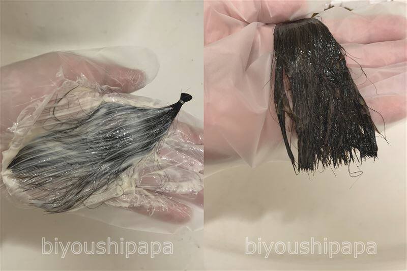 マロンマインドカラー体験レビュー１剤１５分後の黒髪