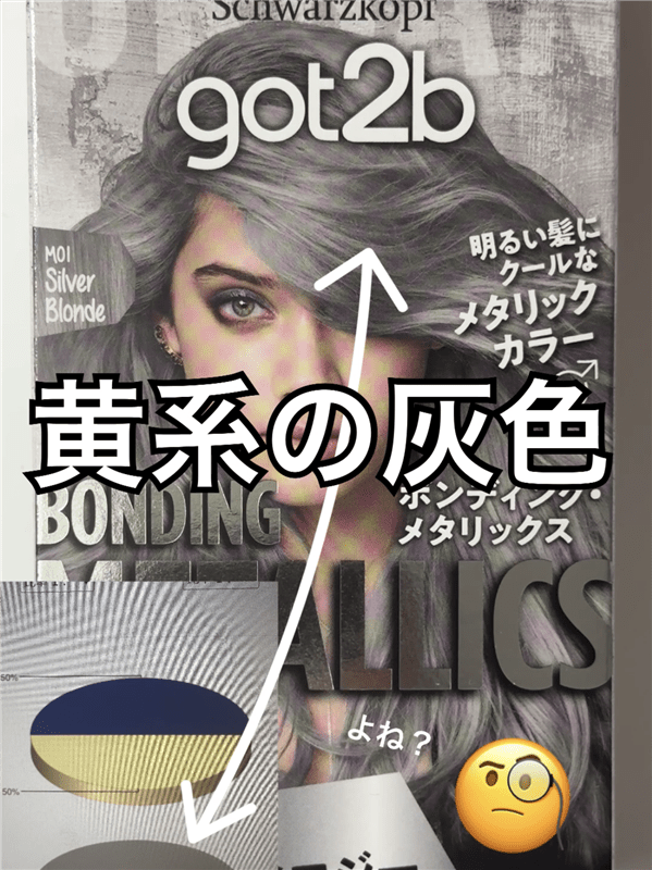 got2b（ゴットゥービー）ボンディング・メタリックス体験レビュー「ブリーチ3回染めた後」シルバーブロンドのパッケージモデルさんの髪色とと黄系の灰色との比較