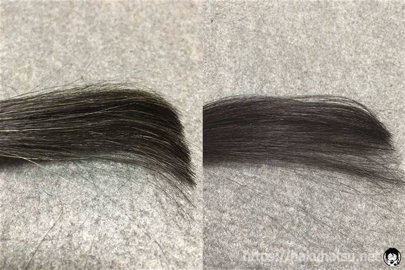 ブローネ ルミエスト ヘアカラー 2P ボルドーピンクを黒髪白髪１０％に染めた色の比較