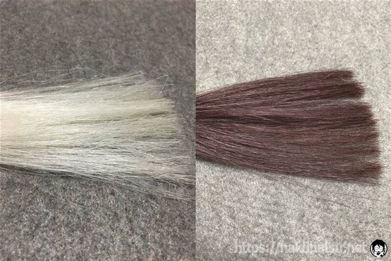 ブローネ ルミエスト ヘアカラー 2P ボルドーピンクを白髪に染めた色の比較