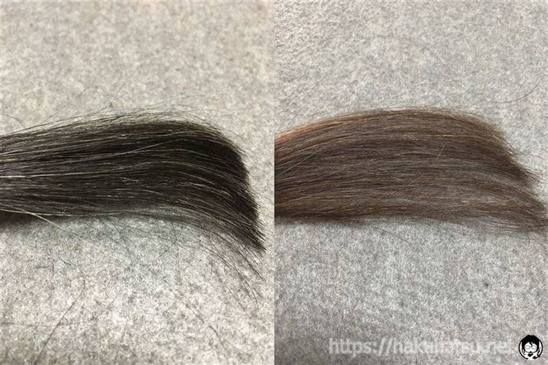 ブローネ ルミエスト ヘアカラー 0B シフォンブラウンを黒髪白髪１０％に染めた色の比較