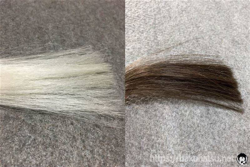 スティーブンノル カラークチュール クリームヘアカラー 8BE ピュアベージュブラウンと白髪の色比較