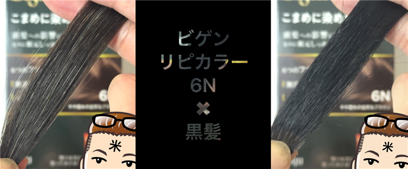 ビゲンリピカラー6N×黒髪 白髪テスト毛と黒髪テスト毛の染め上がり比較