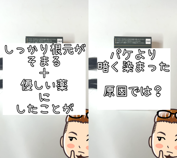 ビゲンリピカラー しっかり根元が染まる＋優しい薬にしたことが パケより暗く染まった原因では？