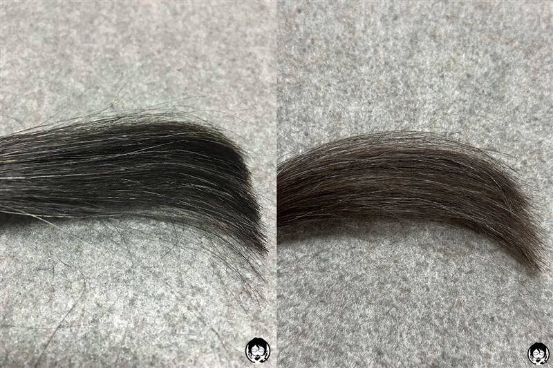 サイオス　イルーセントミルキーヘアカラー 　アクアブルーと黒髪+白髪10％の色の比較
