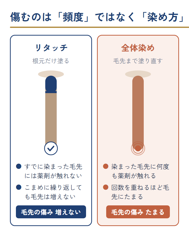 リタッチは根元だけ塗るため毛先に薬剤が触れず、全体染めは毛先に薬剤が重なることを対比した図