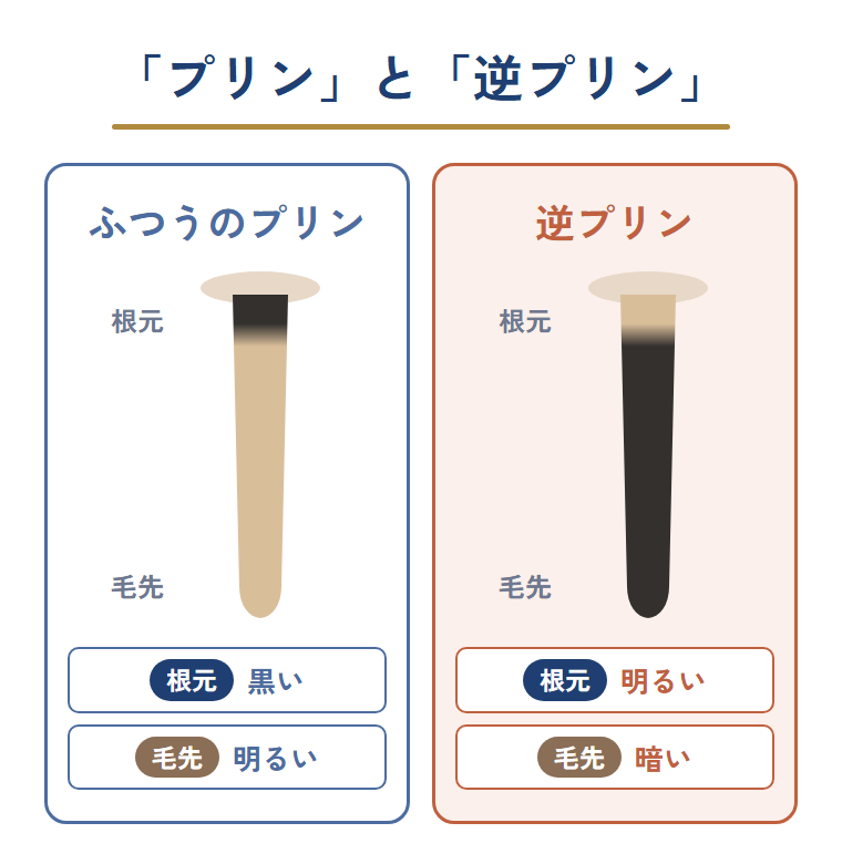 根元だけが黒く毛先が明るい髪と、根元だけが明るく毛先が暗い髪を並べた図