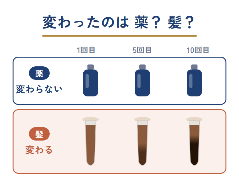 染める回数を重ねても薬は同じで、変わっているのは髪のほうだと示した図