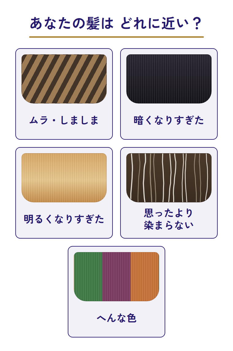 白髪染めでよくある5つの失敗の見た目を並べた図