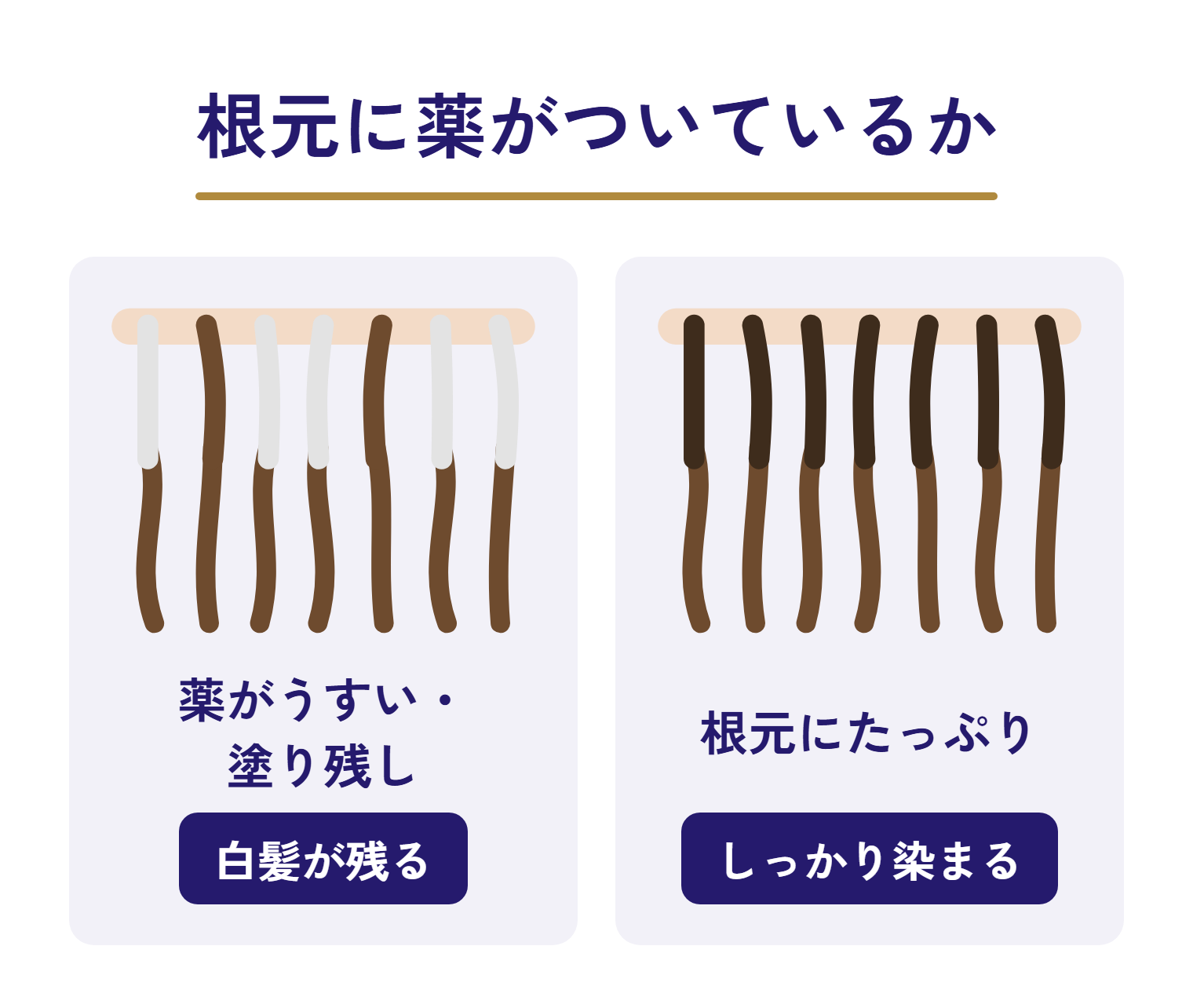 根元の白髪に薬がうすいと白髪が残り、たっぷりつけるとしっかり染まることを比べた図