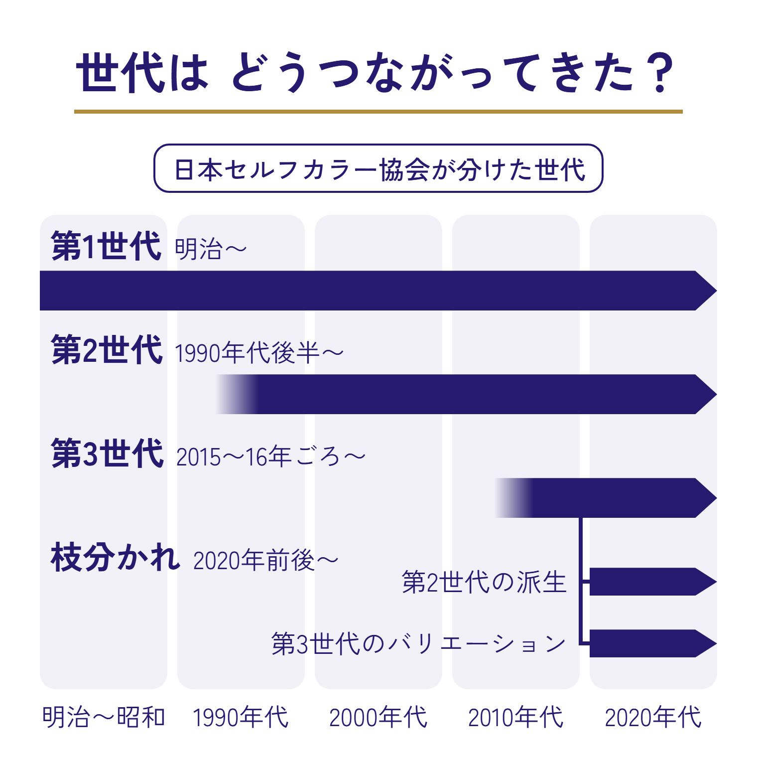 世代のつながりの図。枠の札は「日本セルフカラー協会が分けた世代」。第1世代 明治〜、第2世代 1990年代後半〜、第3世代 2015〜16年ごろ〜の帯が、どれも2020年代まで続いている。枝分かれ 2020年前後〜 で、第3世代から第2世代の派生と第3世代のバリエーションの2本に分かれている。下の欄は明治〜昭和、1990年代、2000年代、2010年代、2020年代