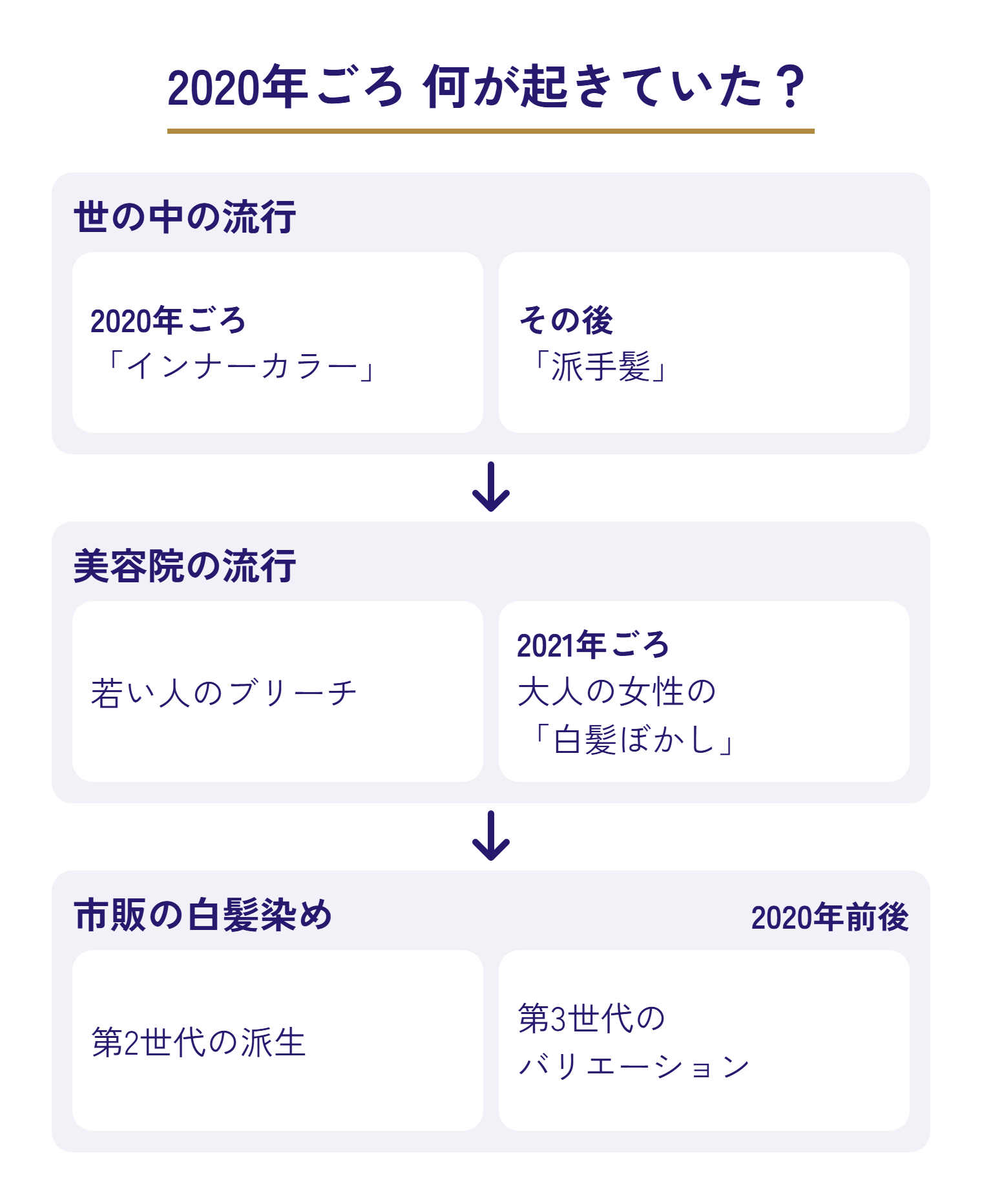 2020年ごろの世の中と美容院の流れの図。世の中の流行：2020年ごろ「インナーカラー」、その後「派手髪」。美容院の流行：若い人のブリーチ、2021年ごろ 大人の女性の「白髪ぼかし」。市販の白髪染め：2020年前後 第2世代の派生、第3世代のバリエーション