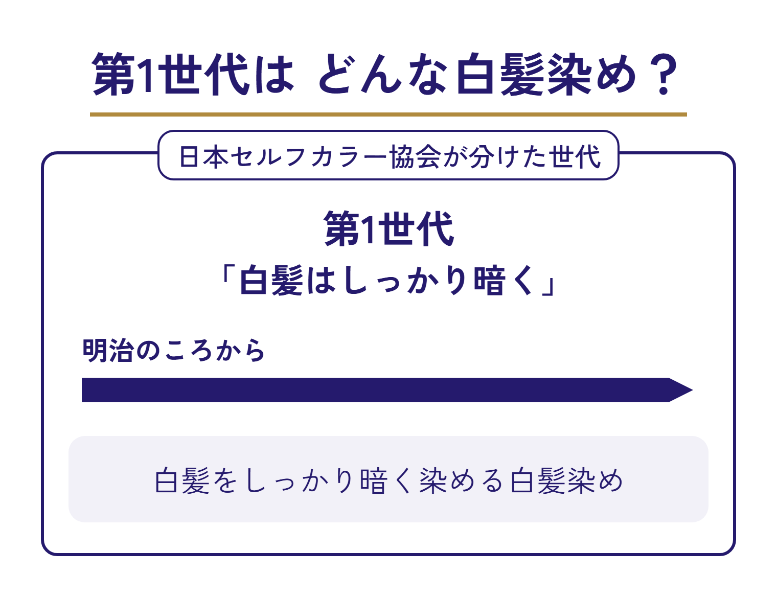 第1世代の図。枠の札は「日本セルフカラー協会が分けた世代」。第1世代「白髪はしっかり暗く」。明治のころから続く矢印。白髪をしっかり暗く染める白髪染め