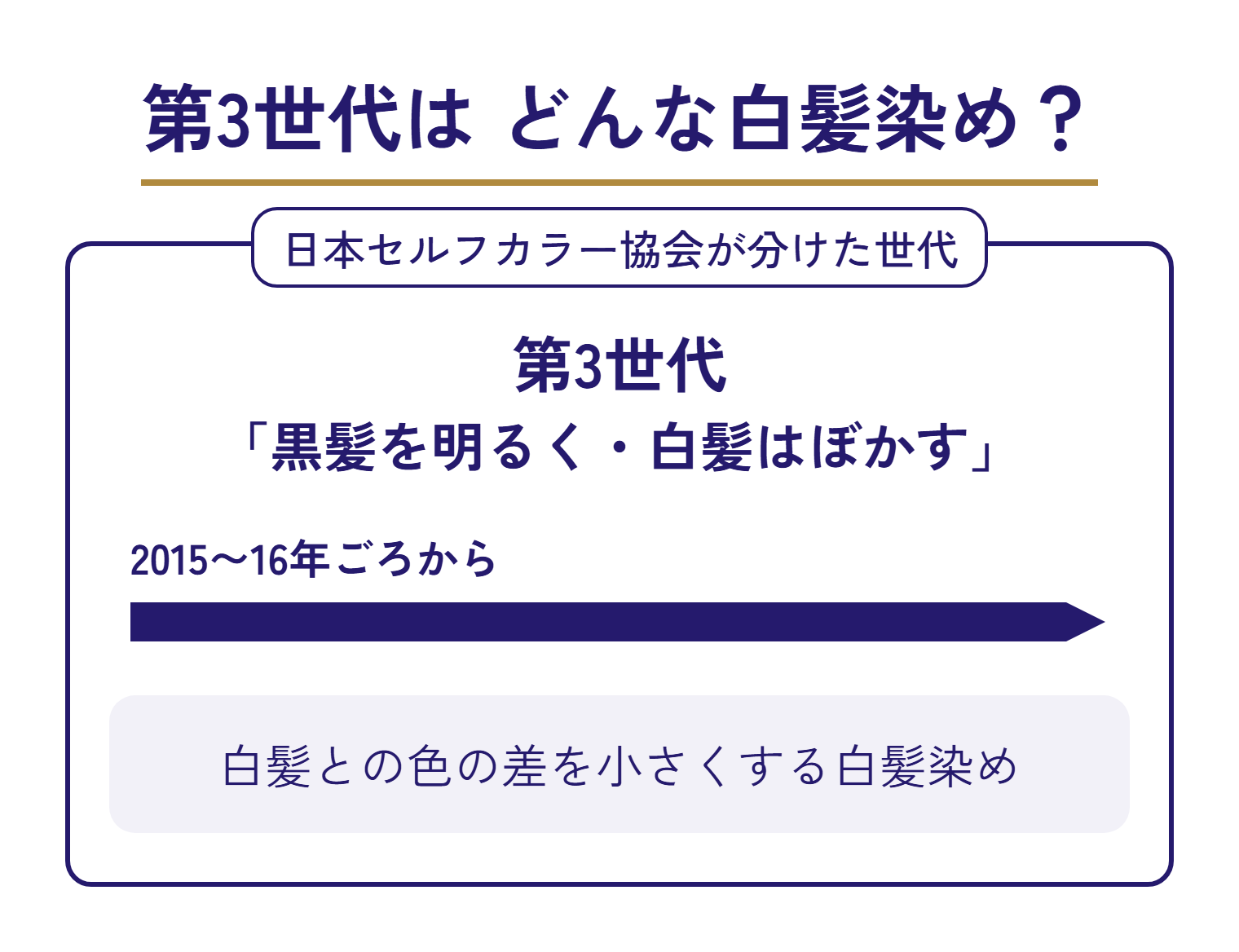 第3世代の図。枠の札は「日本セルフカラー協会が分けた世代」。第3世代「黒髪を明るく・白髪はぼかす」。2015〜16年ごろから続く矢印。白髪との色の差を小さくする白髪染め