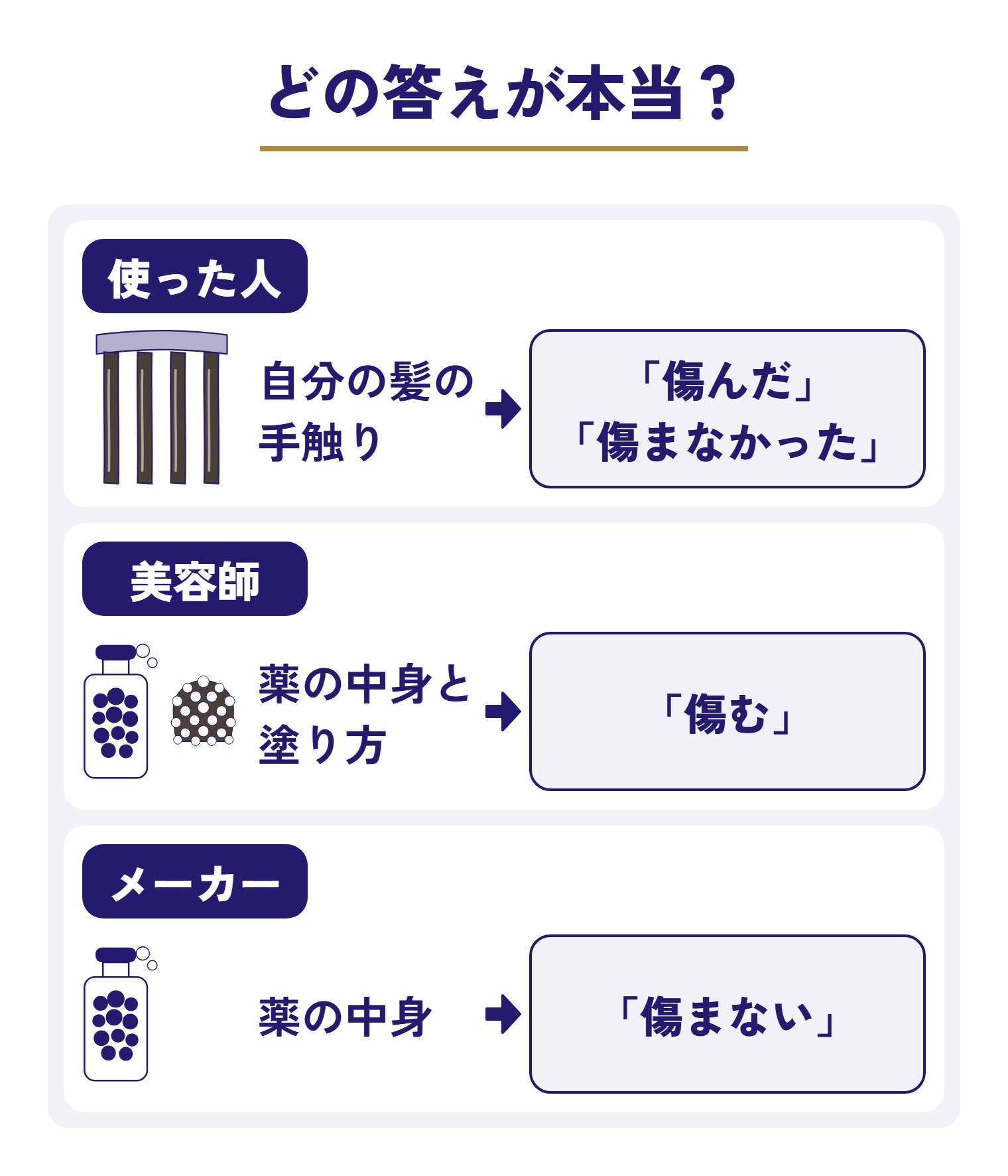 使った人は自分の髪の手触りを見て「傷んだ」「傷まなかった」、美容師は薬の中身と塗り方を見て「傷む」、メーカーは薬の中身を見て「傷まない」と答えている